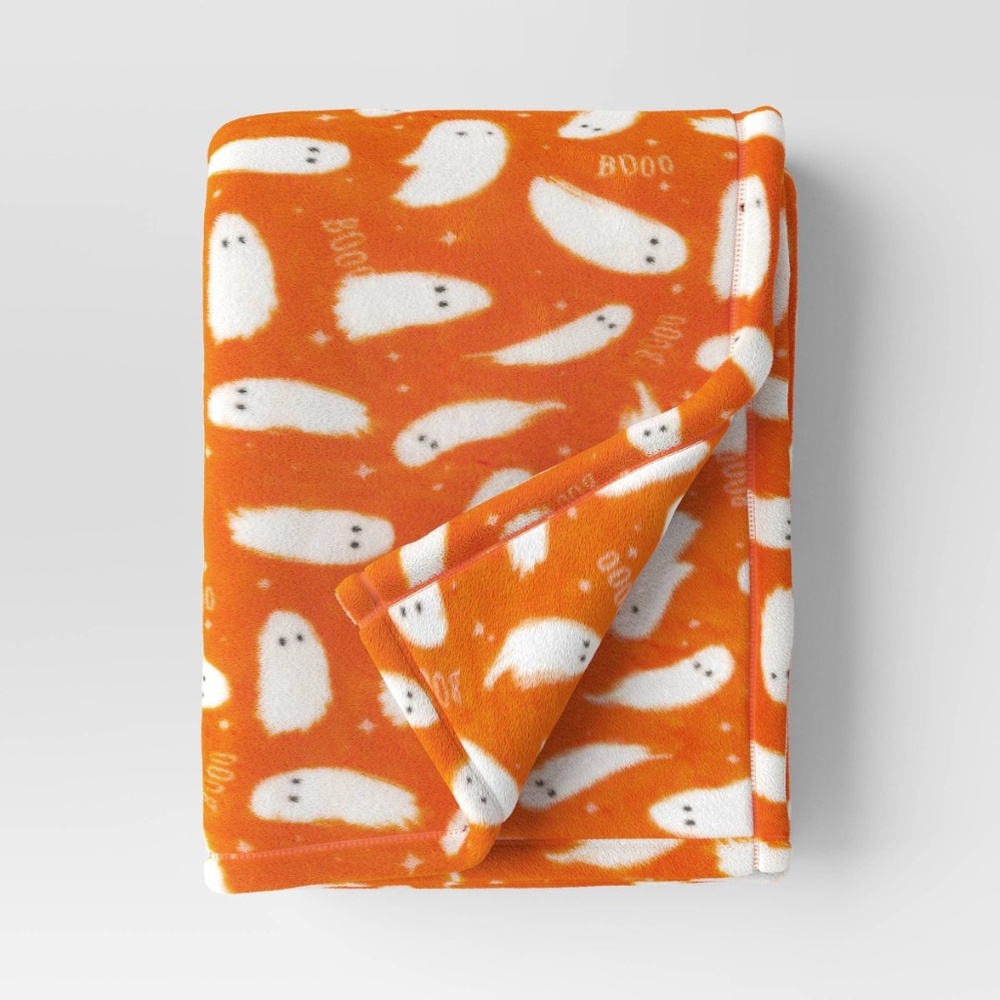 Halloween Ghost Printed Plush Throw Blanket Orange/Ivory - Hyde & EEK!